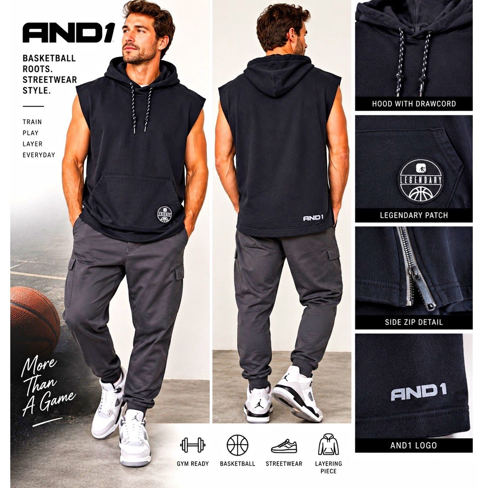 AND1 Mens Large Sleeveless Hoodie Black Legendary Basketball Streetwear L